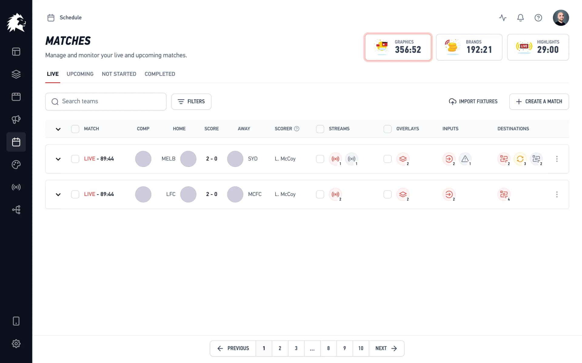 LIGR matches dashboard showing multiple live matches across teams