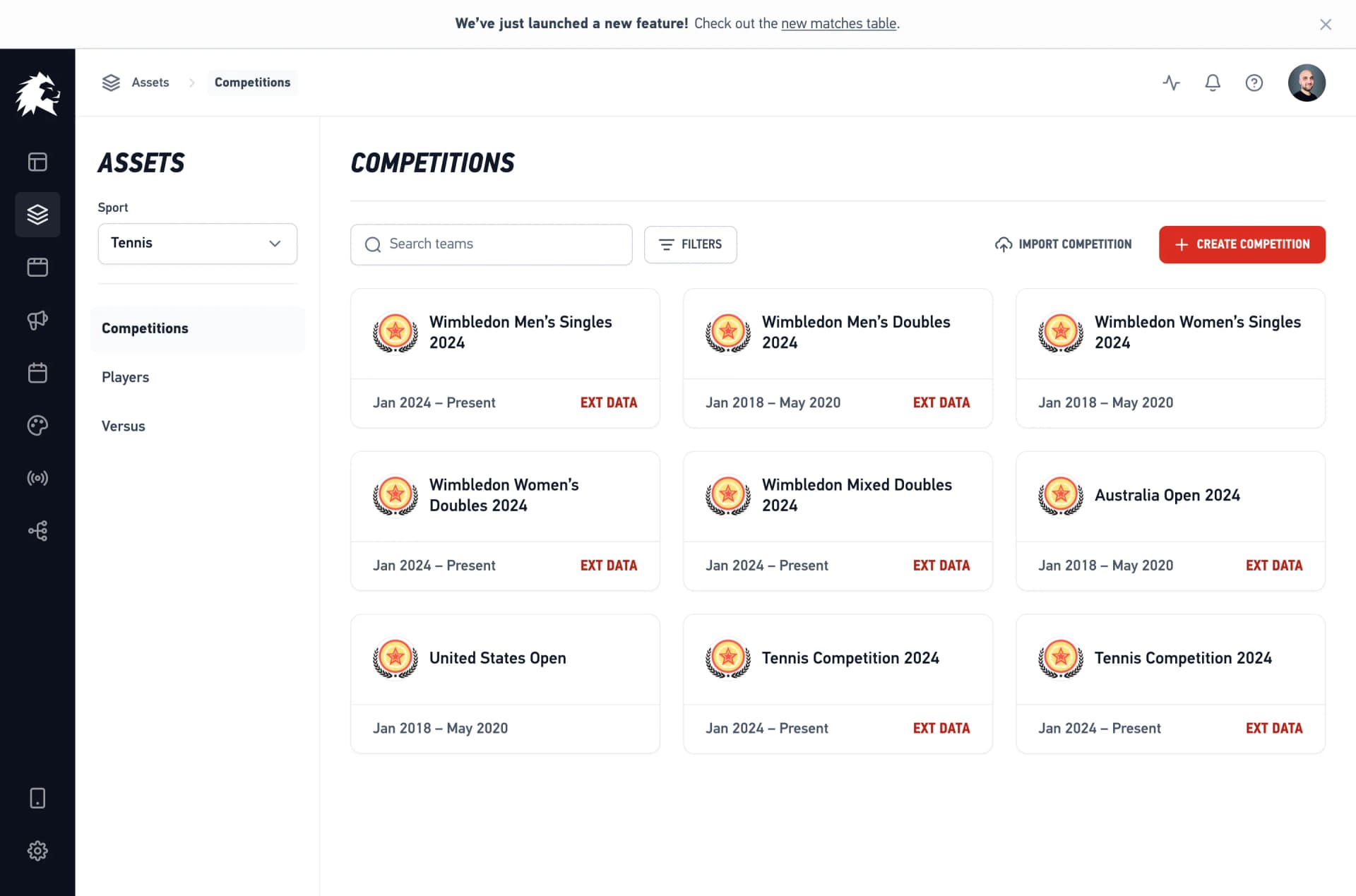 LIGR competitions dashboard showing multiple sports and tournaments managed from a single interface