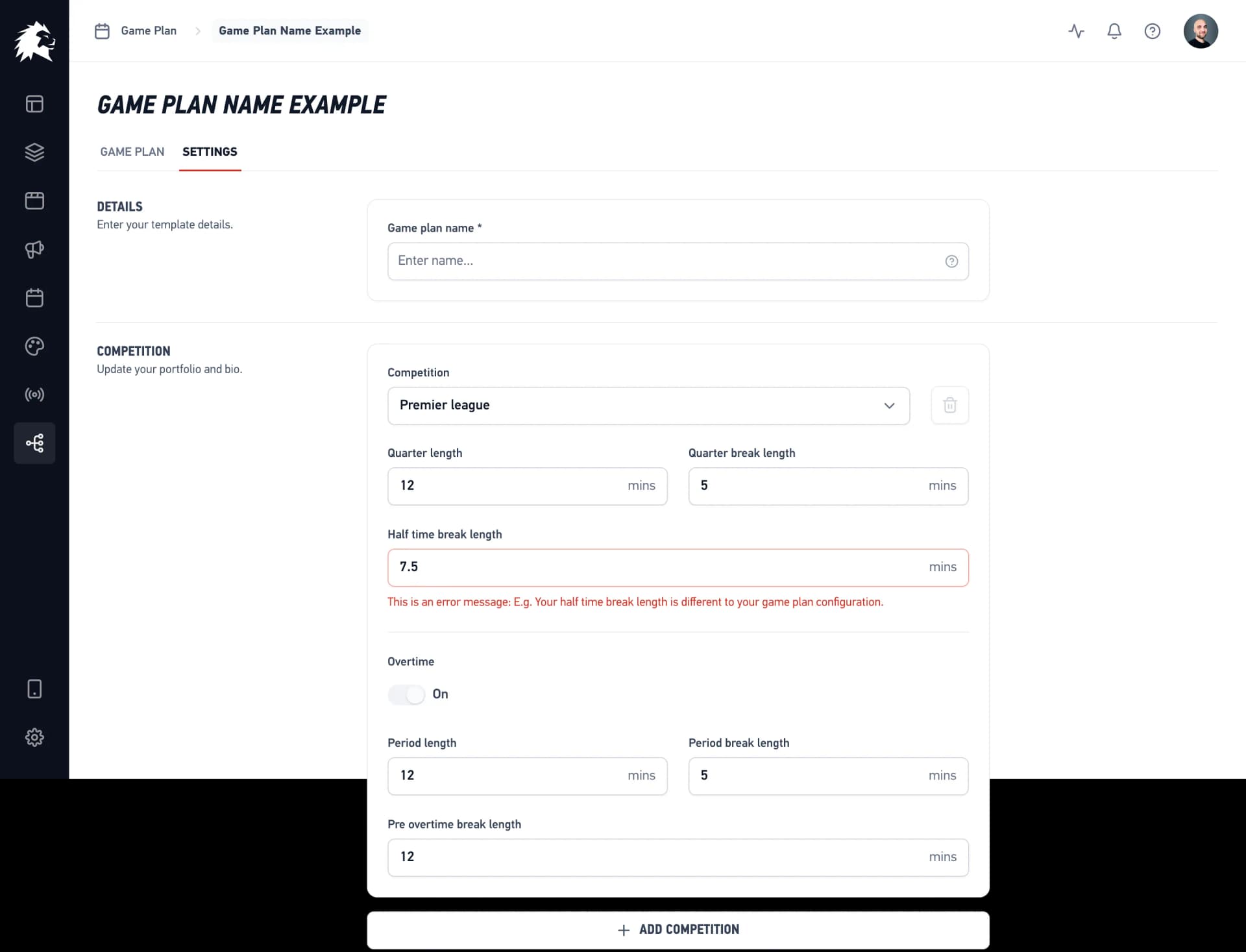 LIGR Game Plan settings for configuring automated broadcast sequences