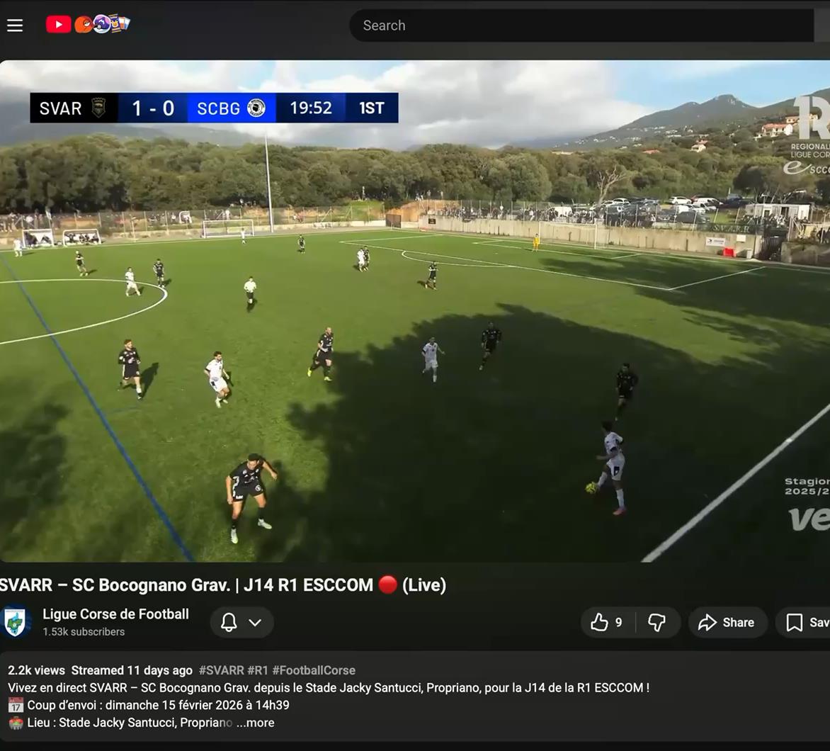 YouTube live stream of Corsican football match with LIGR scoreboard overlay showing viewership