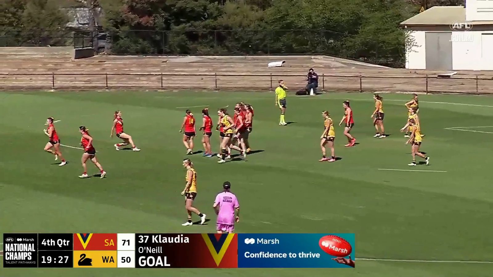 On air at the AFL National Championships: scorebug, goal graphic and Marsh sponsor activation, rendered live from match data.