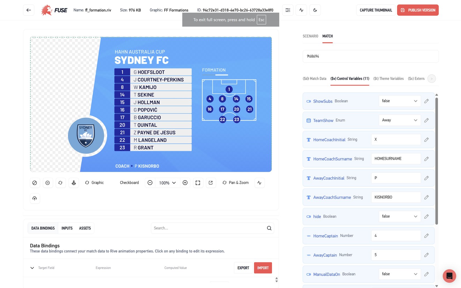 Fuse rendering the Australia Cup formations graphic with its control variables exposed