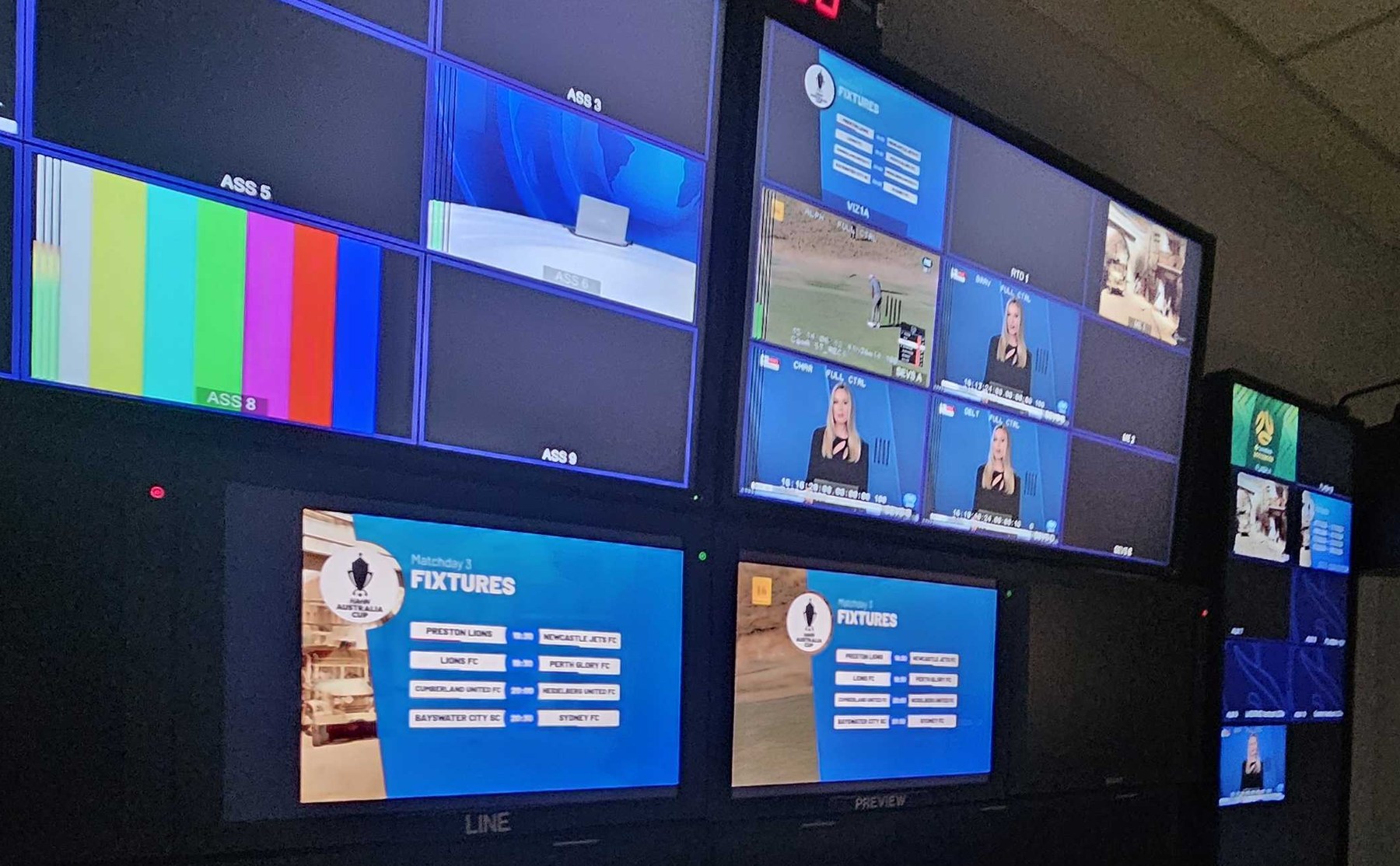 The Australia Cup fixtures graphic on the LINE and PREVIEW monitors in the broadcast gallery