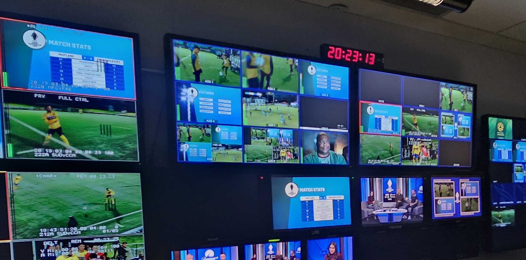 The Australia Cup match stats graphic on the gallery monitor wall during the studio show