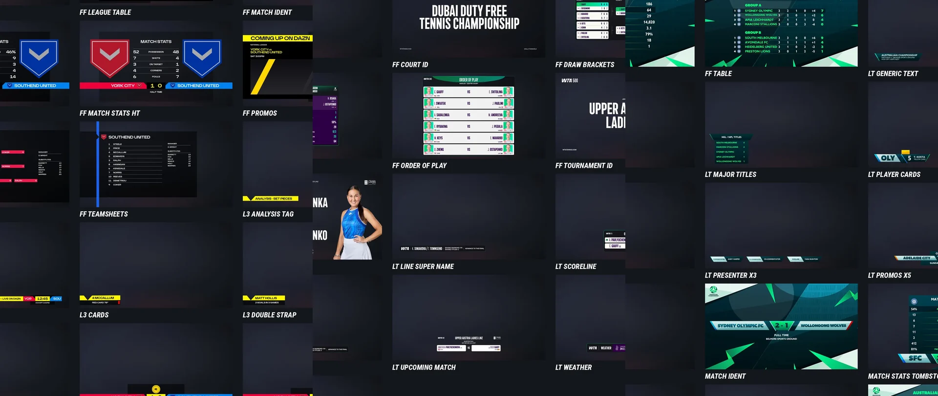Custom broadcast graphics packages built by LIGR for DAZN, the WTA Tour and Football Australia's Australian Championship