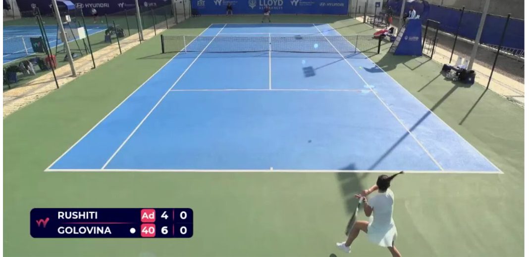 On air: the World Tennis Tour scorebug rendered live over play, driven entirely by the umpire's scoring feed.