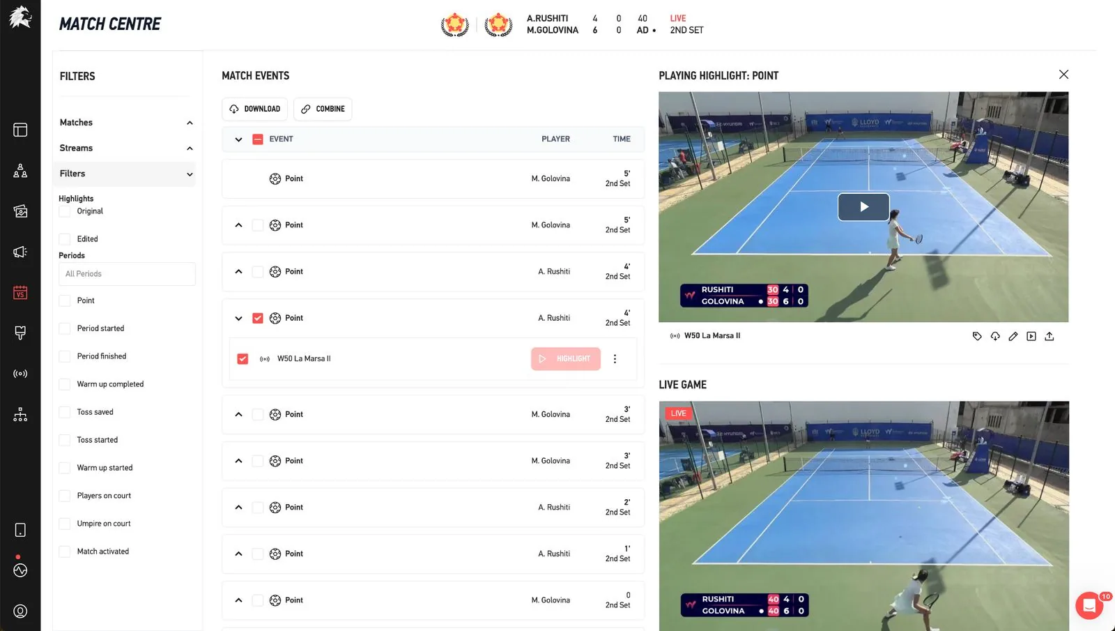 Match Centre: live events, automated highlight clips and the on-air feed for every match.