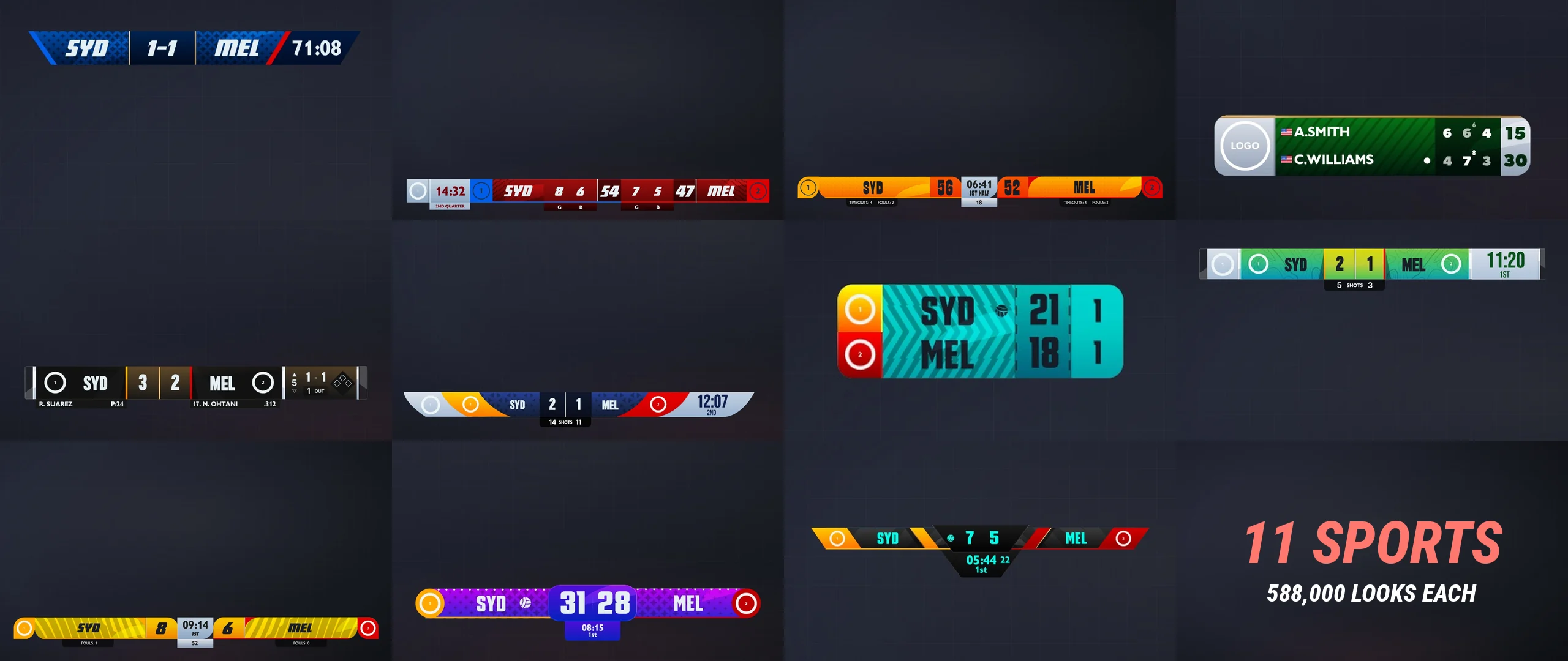 LIGR scorebugs for eleven sports, each in a different out-of-the-box theme