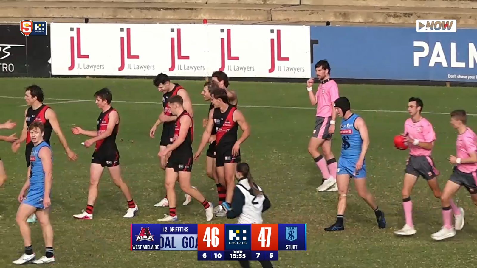 On air: the SANFL scorebug with automated goal-kicker strap — every goal, named and scored in real time.