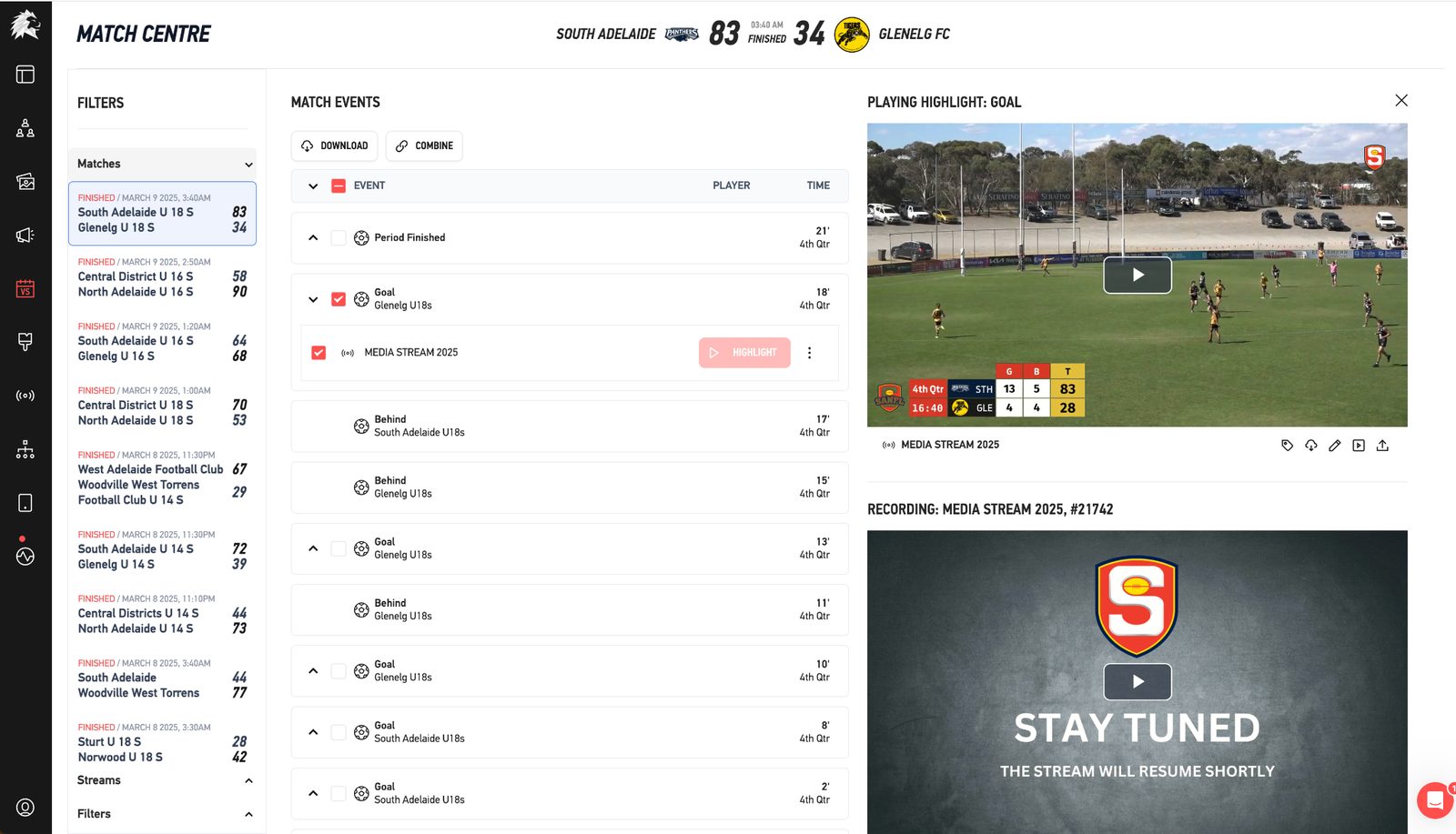LIGR Match Centre during a SANFL fixture