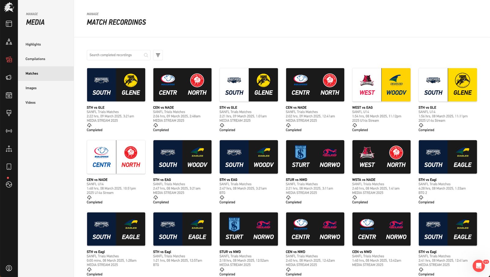 Every match, recorded and organised: the SANFL media library across all competitions.