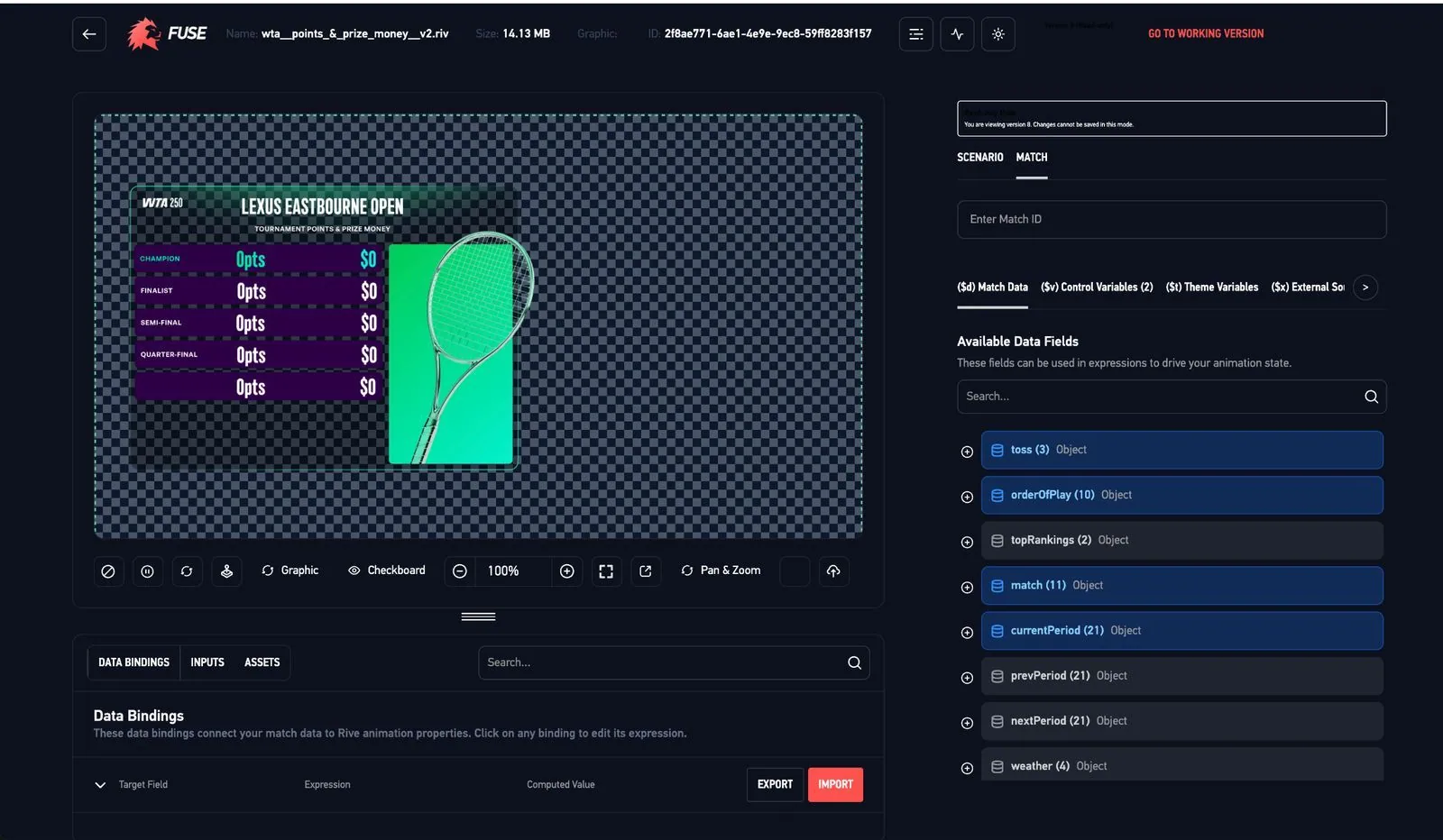 Fuse graphics editor: a WTA prize-money graphic with every field bound to live tour data.