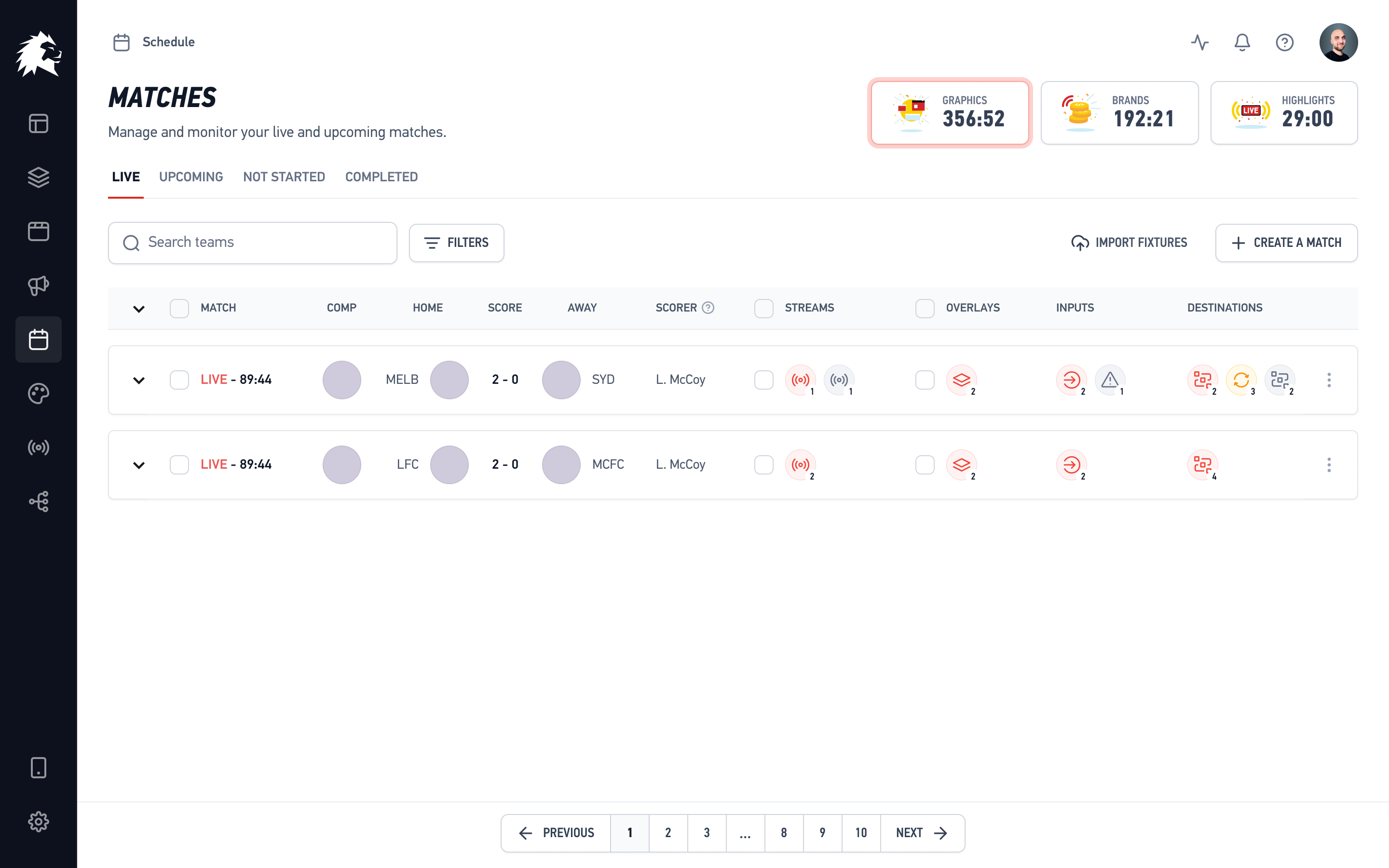 LIGR matches dashboard — manage and monitor live and upcoming sports broadcasts