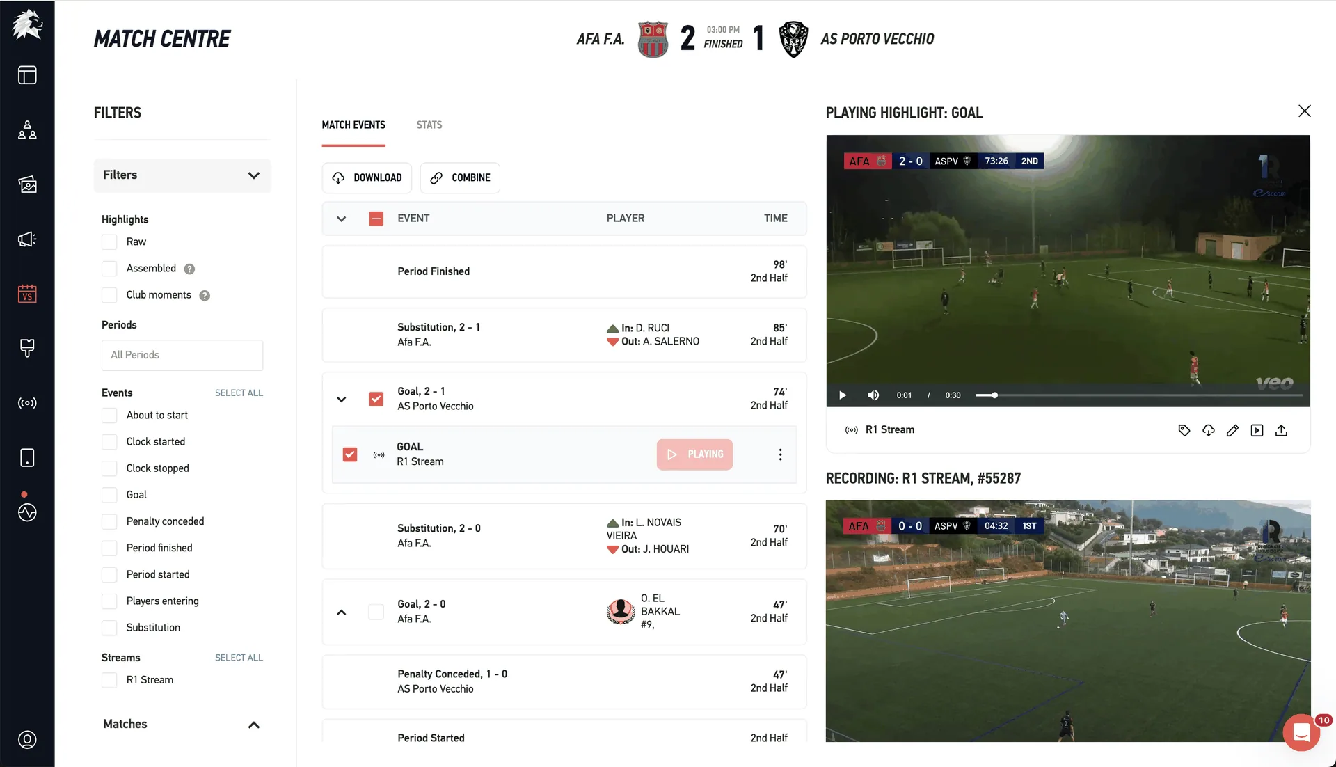 Match Centre — live stream with highlights