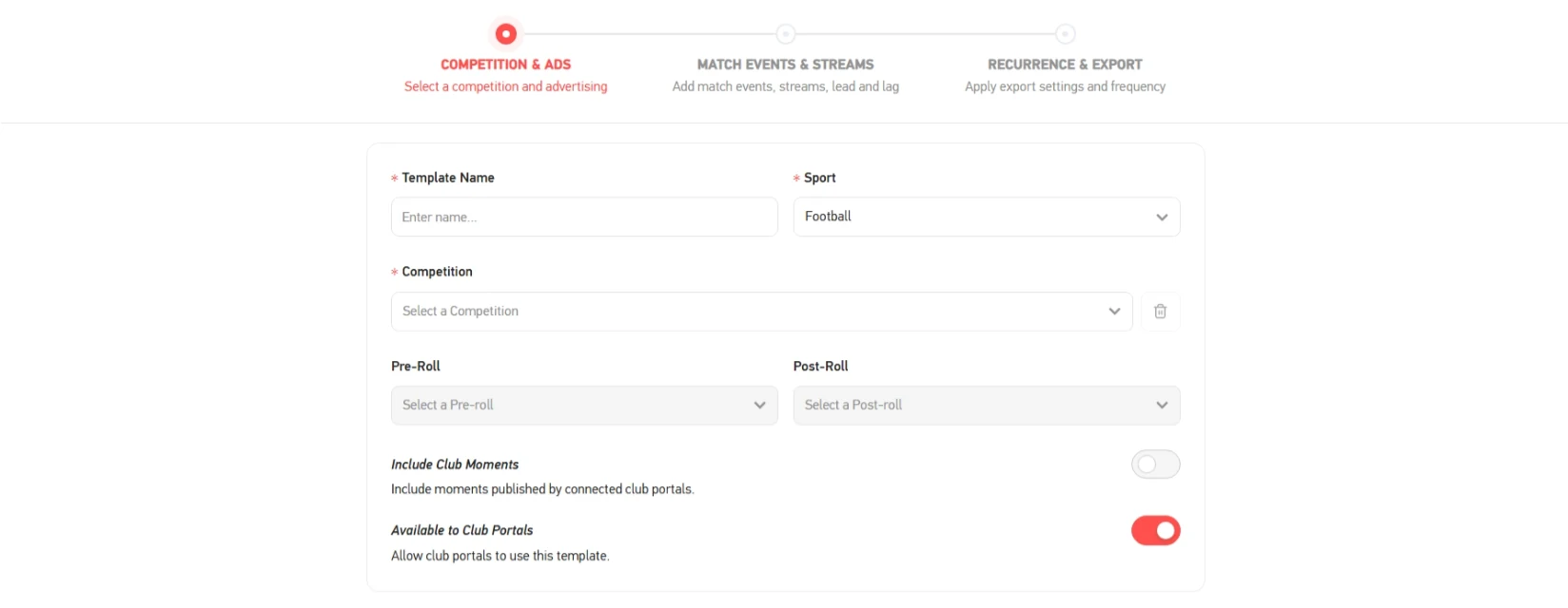The compilation template wizard, showing its three steps: Competition and Ads, Match Events and Streams, and Recurrence and Export