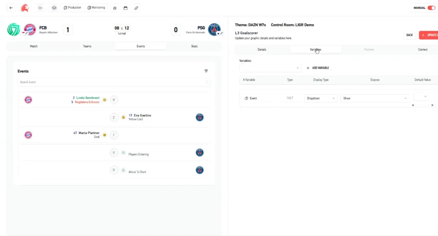 A graphic's variables and the events list it reads from