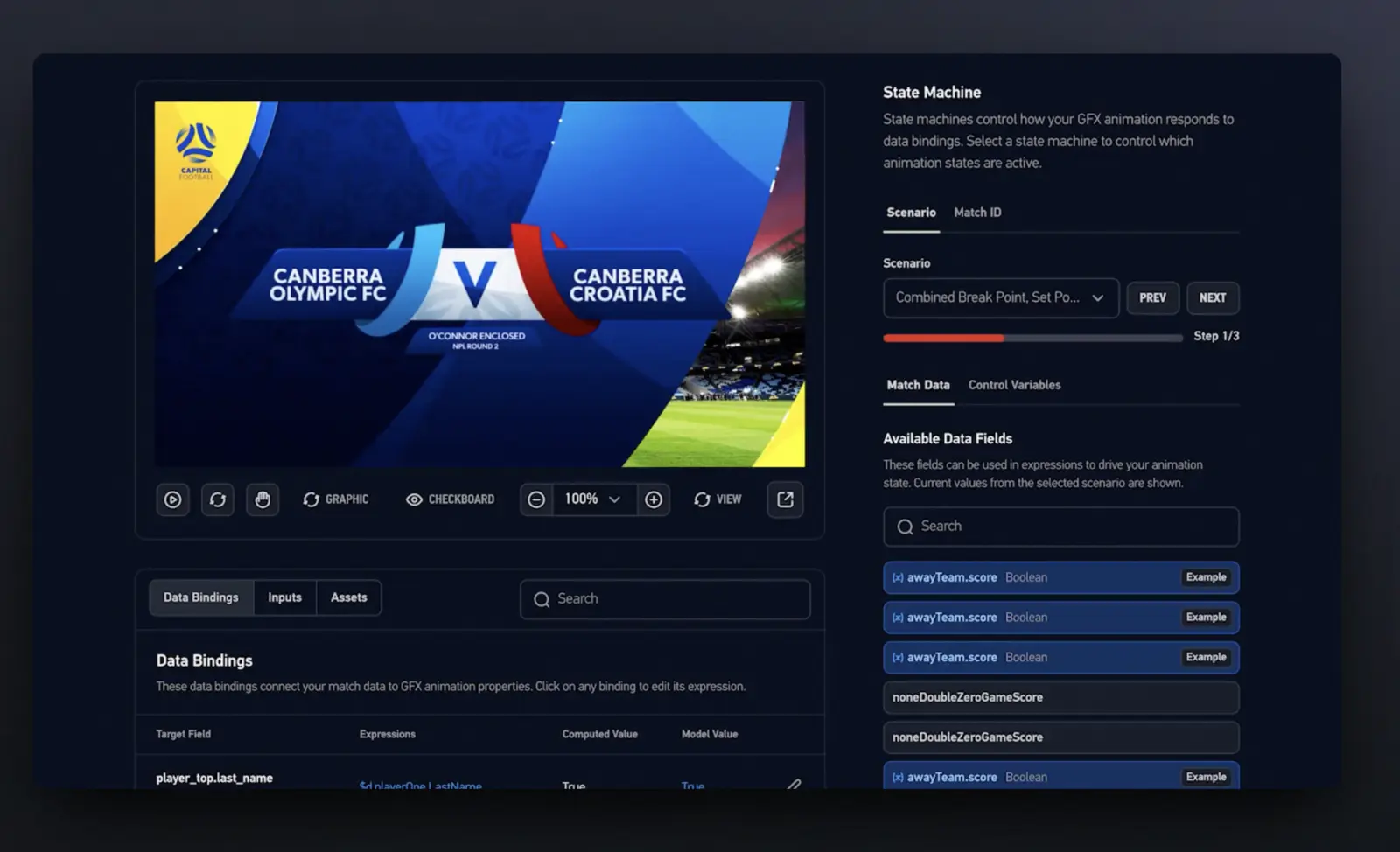 Fuse in dark mode, showing the state machine panel, scenarios and data bindings