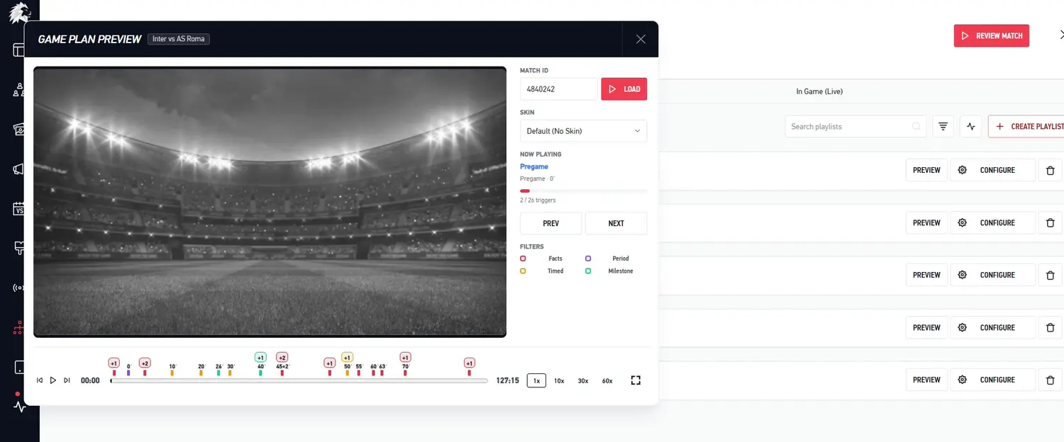 Previewing the pre-game playlist, with trigger filters for facts, period, timed and milestone