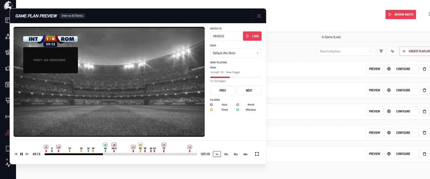 Reviewing a completed match, with the scorebug and a timed sponsor replayed on the timeline