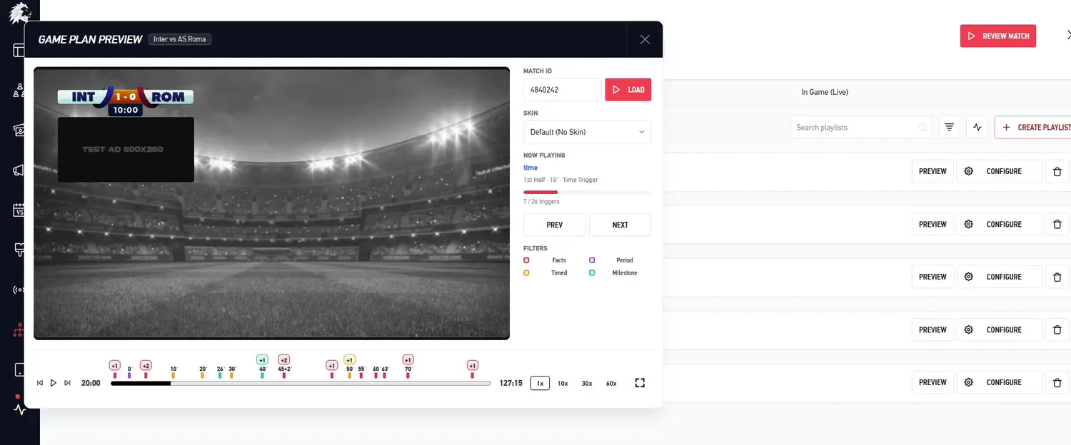 A game plan previewing a match, with every trigger laid out on a timeline