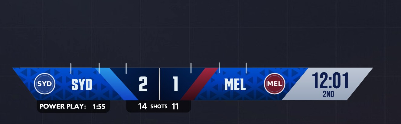 Ice hockey scorebug. A power play starts and its timer appears beside the clock.