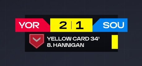 Scorebug through a match — goal, yellow card, substitution and added time from the data feed