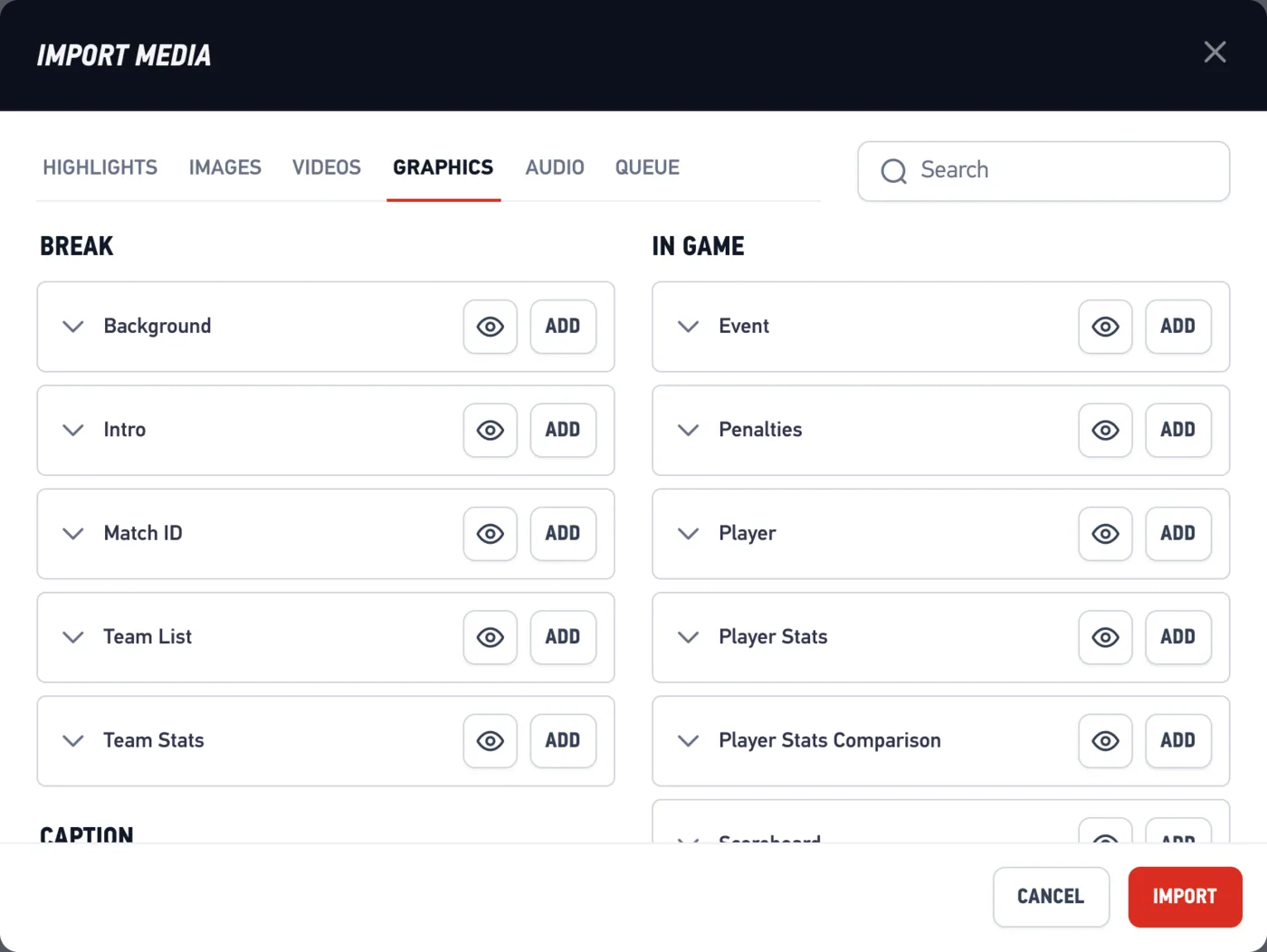 The graphics picker, listing break and in-game templates from the theme