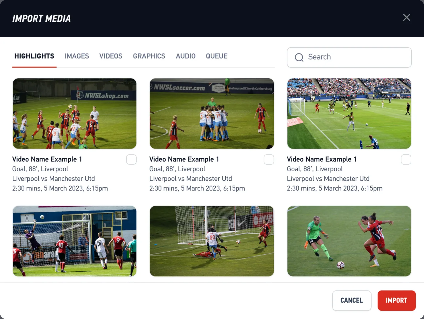 The import modal, opened on the highlights the platform has already clipped