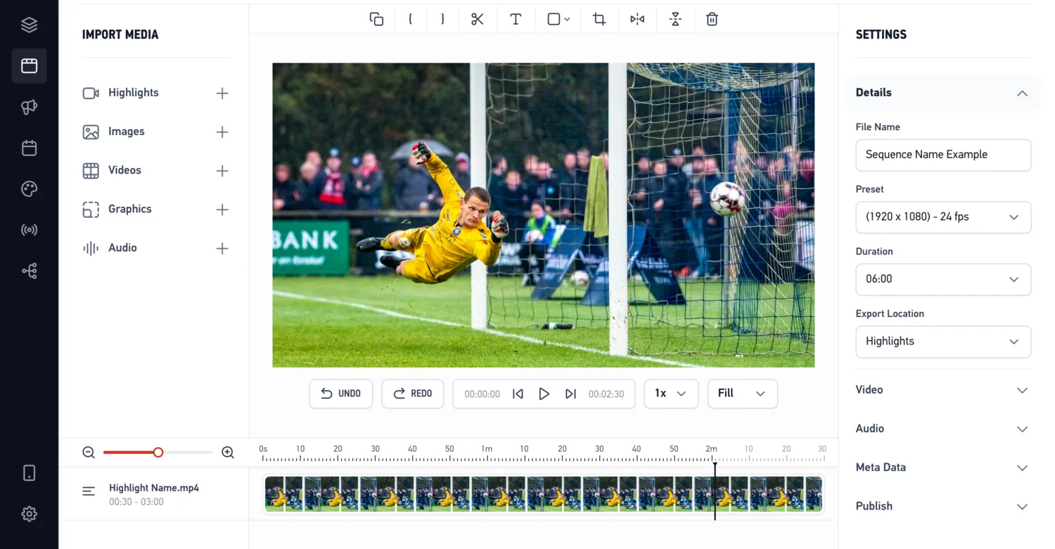 A sequence on the timeline, with the clip's filmstrip and the settings panel